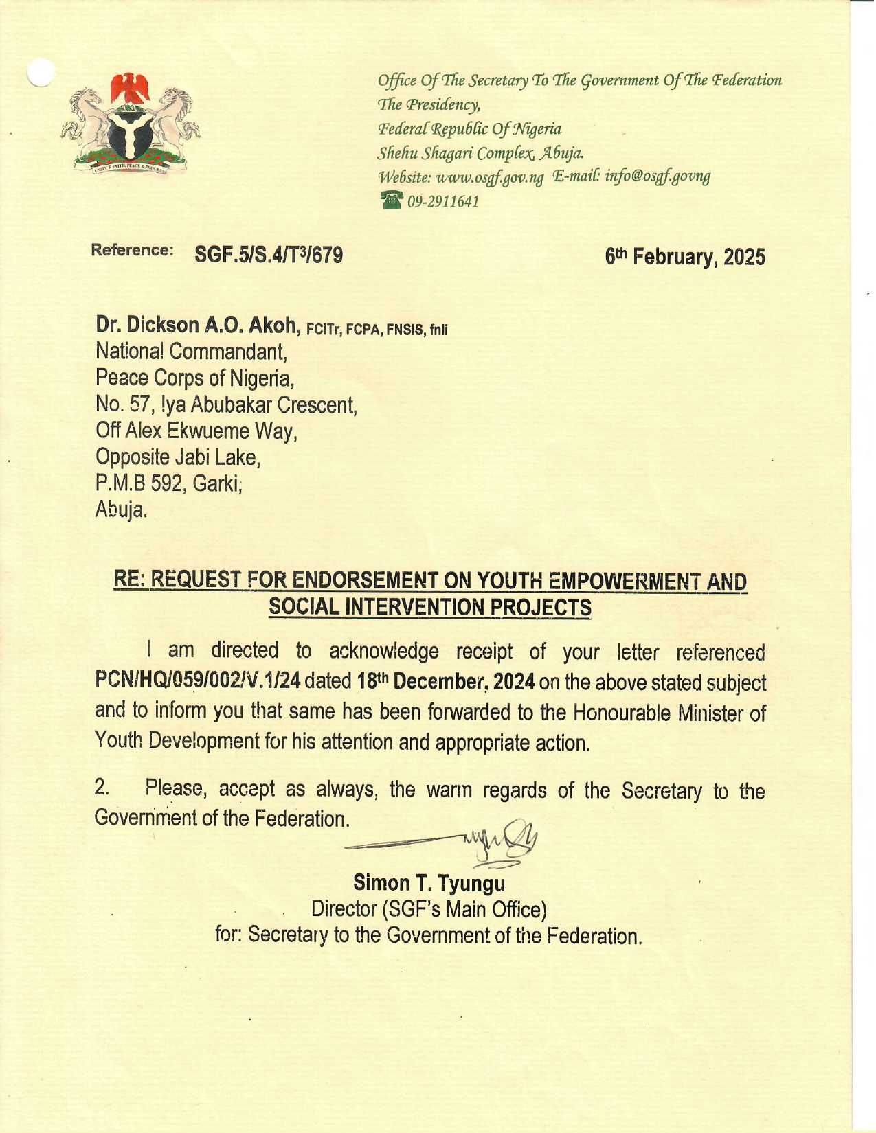 Endorsement Letter from the Presidency